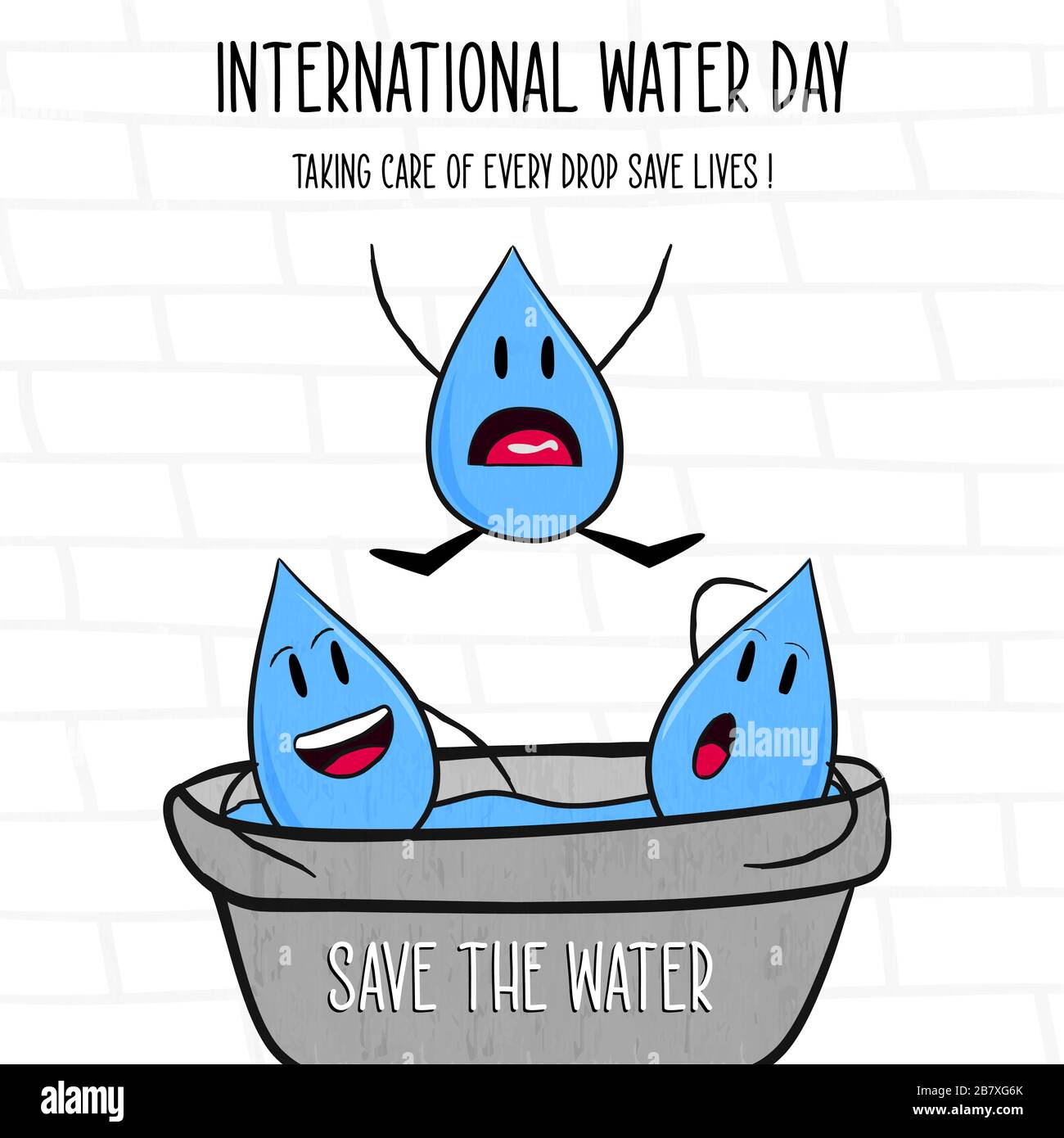 Illustrazione educativa della giornata internazionale dell'acqua dei personaggi di Happy Liquid Drop con Salva la citazione del testo Waters per l'evento campagna mondiale aiuto alla natura. Illustrazione Vettoriale