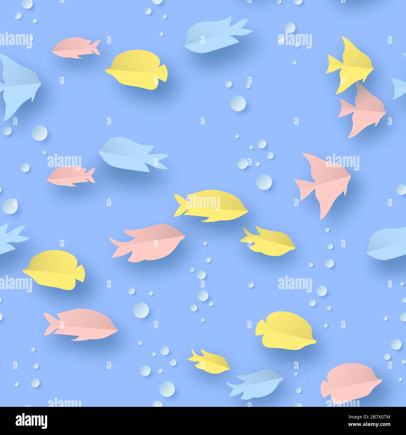 Papercut Pesce modello senza cuciture con coloratissima scuola di corallo in stile moderno 3d taglio carta. Sfondo tropicale di animali marini per la fauna selvatica esotica Illustrazione Vettoriale