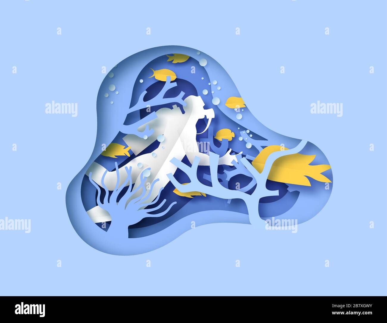Immagine tagliata di carta della barriera corallina subacquea con pesci tropicali esotici e subacqueo uomo. Vita marina scena, sotto l'acqua animali in moderno 3d origam Illustrazione Vettoriale