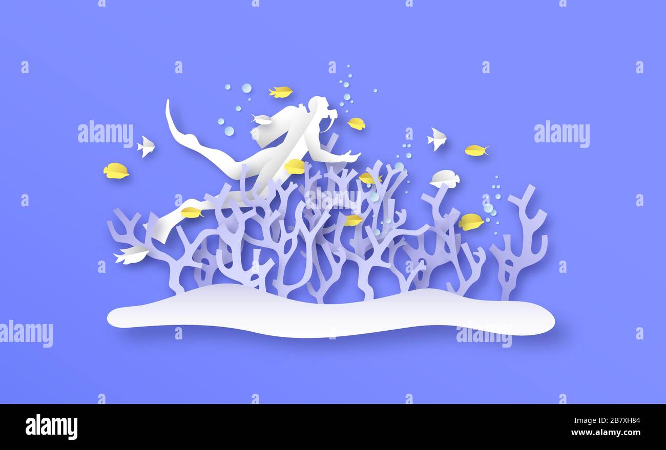 Immagine tagliata di carta della barriera corallina subacquea con pesci tropicali esotici e subacqueo uomo. Vita marina scena, sotto l'acqua animali in moderno 3d origam Illustrazione Vettoriale