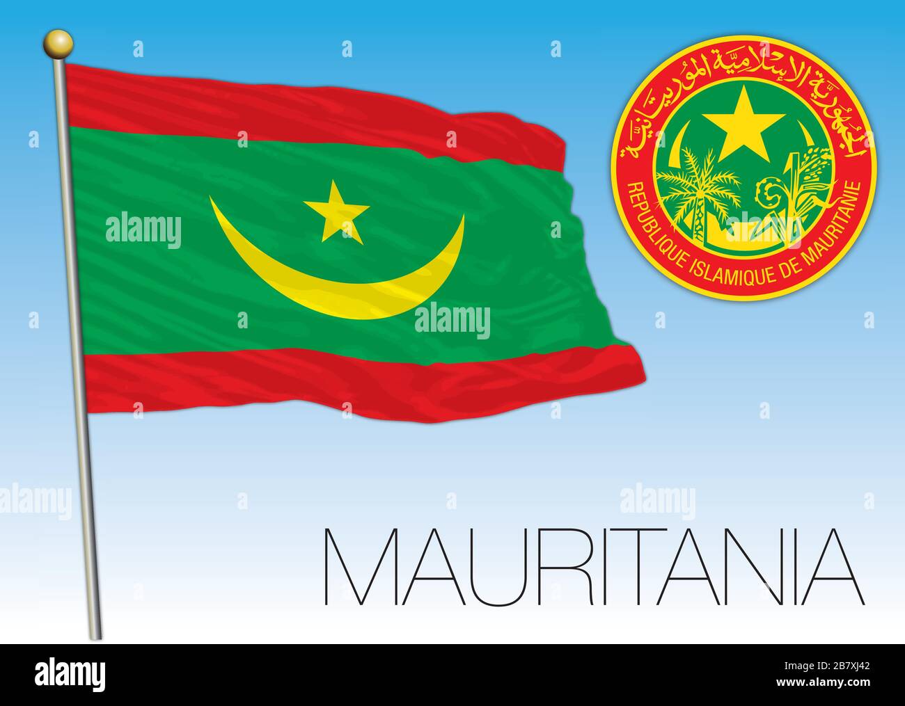 Bandiera e stemma ufficiale della Mauritania, paese africano, illustrazione vettoriale Illustrazione Vettoriale