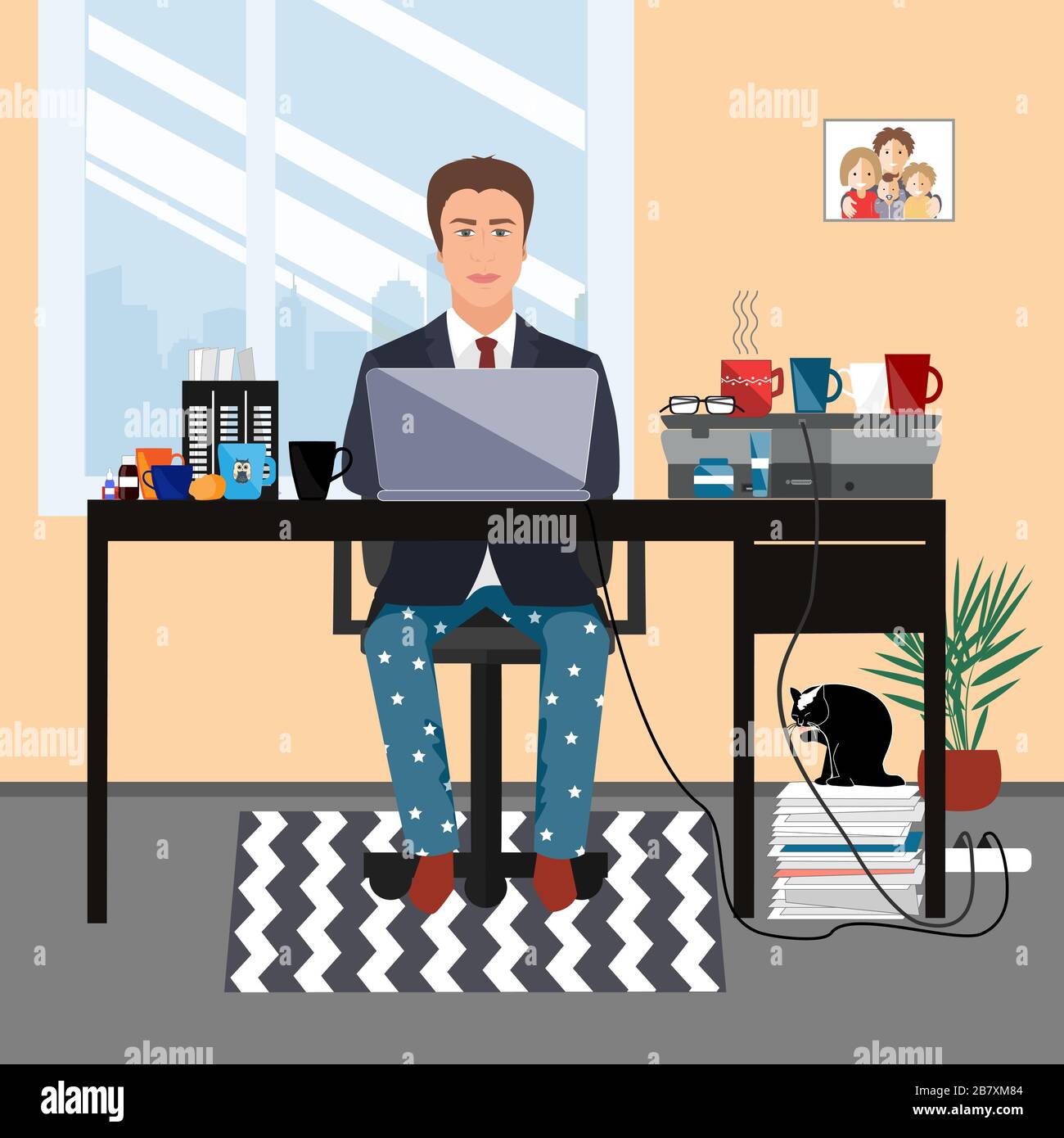 Uomo d'affari di mezza età con giacca e fondo pajama che lavora da casa utilizzando un computer portatile. Concetto di quarantena di Covid o coronavirus. Vettore Illustrazione Vettoriale