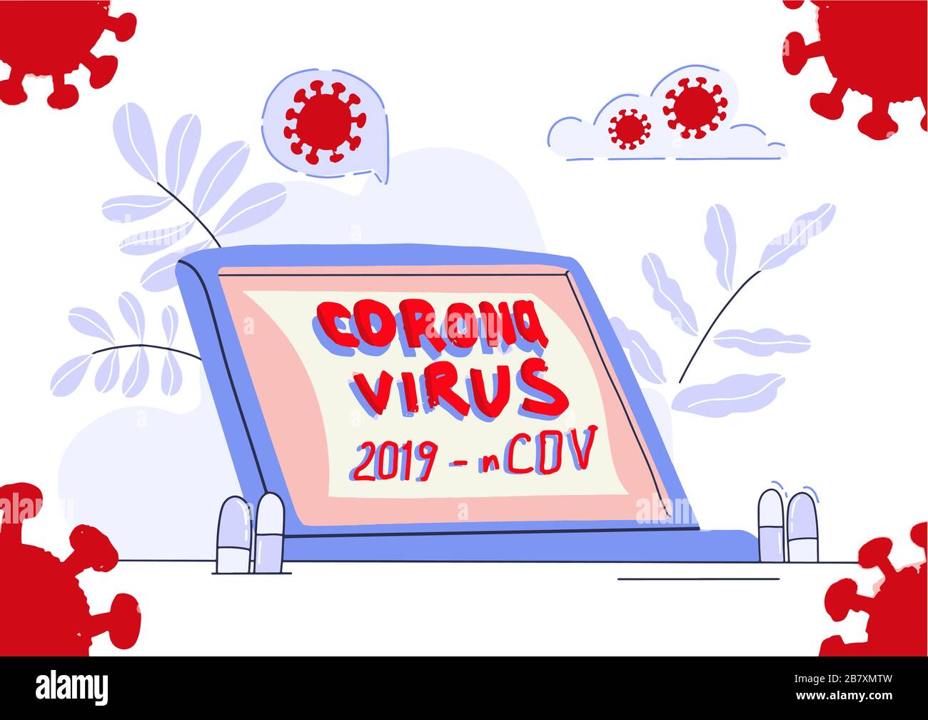 Corona Virus 2019 - testo vettoriale nCOV sullo schermo di un computer. Banner, poster di notizie mediche. Illustrazione vettoriale piatta. Illustrazione Vettoriale