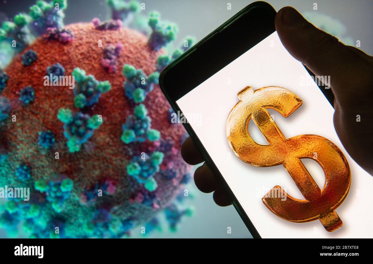 In questa illustrazione della foto, la valuta dell'icona del dollaro degli Stati Uniti visualizzata su uno smartphone con un modello di computer del coronavirus COVID-19 sullo sfondo. Foto Stock