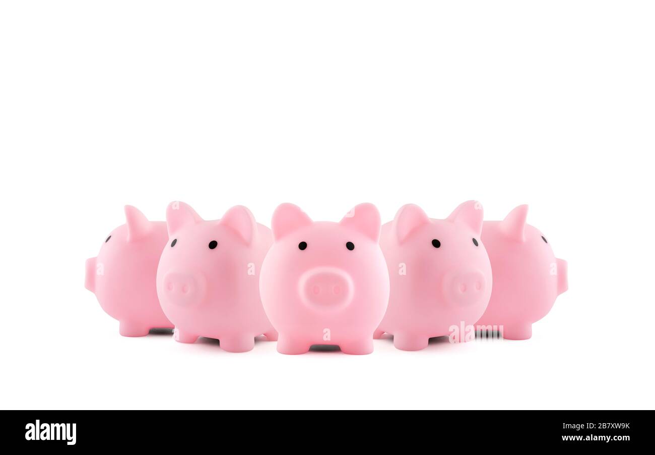 Gruppo di banchi di piggy rosa su sfondo bianco Foto Stock