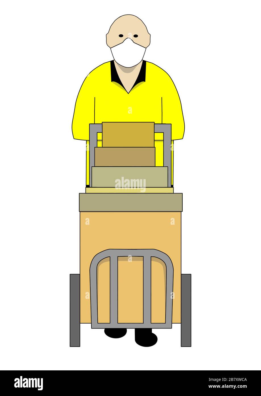 Un fornitore consegna i pacchetti. Indossa un respiratore. La pandemia corona significa che i clienti acquistano un sacco di beni online. L'uomo ha molti pacchi Foto Stock