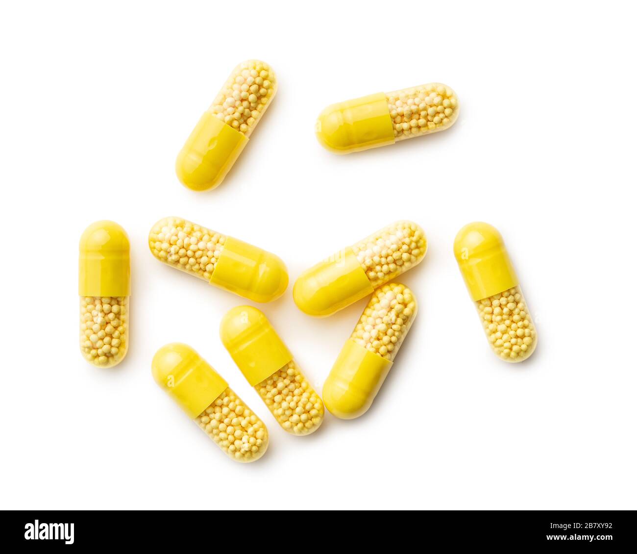 Capsule vitaminiche. Pillole di vitamina C isolate su sfondo bianco. Foto Stock