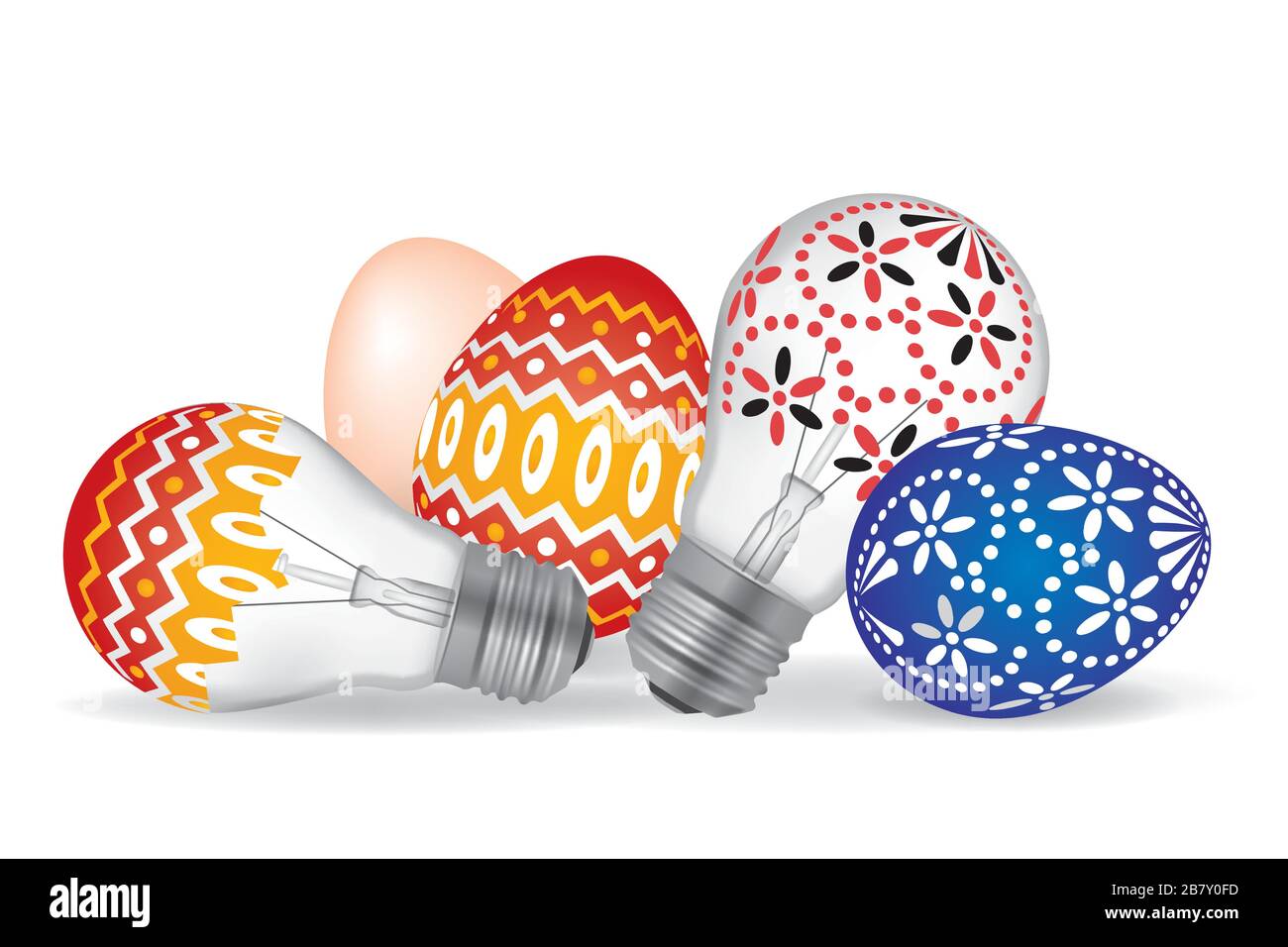 Uova di Pasqua e bulbi di Pasqua. Illustrazione di bulbi e oves.isolato luce decorati a est su sfondo bianco. Vettore disponibile. Illustrazione Vettoriale