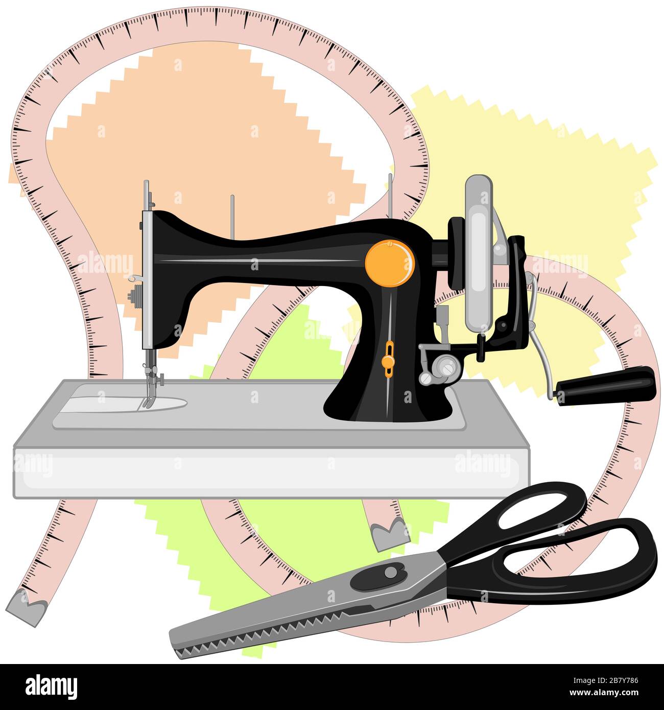Una vecchia macchina da cucire nera, un sarto s centimetro, e sarti grandi forbici per cucire con lame zigzag e manici neri giacciono su tre trincee multicolore. Illustrazione Vettoriale