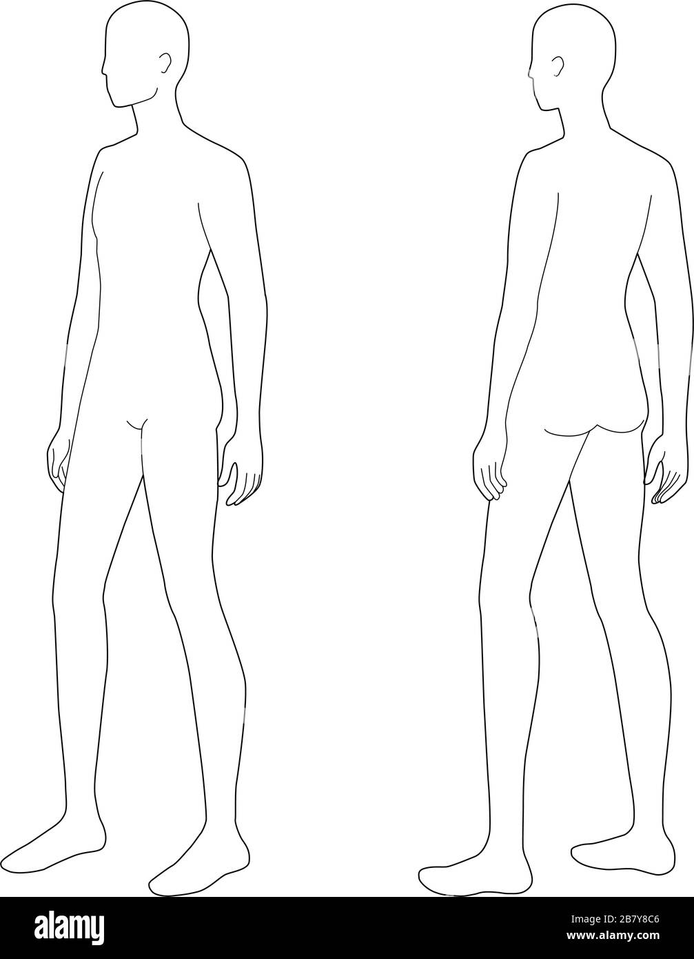 Modello di moda di uomini in piedi. 9 dimensioni testa per disegno tecnico. Uomini figura 3-4 vista anteriore e posteriore. Vector Outline boy per schizzi e illustrazioni di moda. Illustrazione Vettoriale