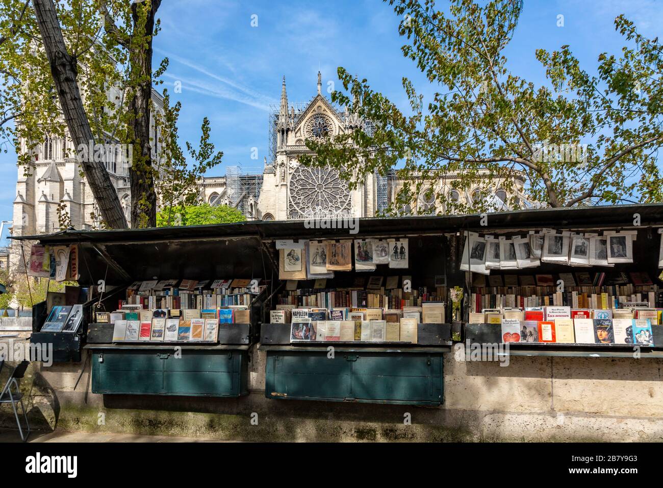 Parigi, Francia - 18 aprile 2019: Immagine della famosa strada stand di libri sul fiume Senna di fronte ai resti della Cattedrale di Notre Dame due d Foto Stock