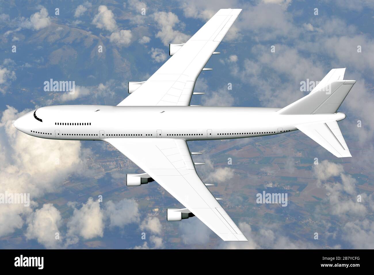 Aereo a reazione 3D per passeggeri che vola in aria, nuvole sullo sfondo. Foto Stock