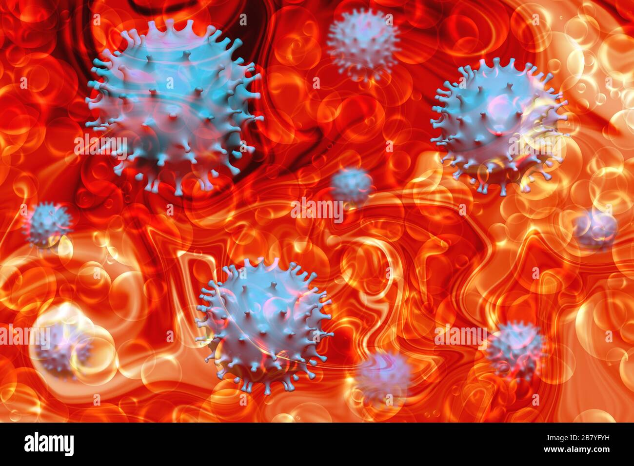 Focolaio di coronavirus con cellule virali nel flusso sanguigno. Polmonite pandemica e infezione virale. Concetto medico con il virus COVID 19 che infetta il Foto Stock