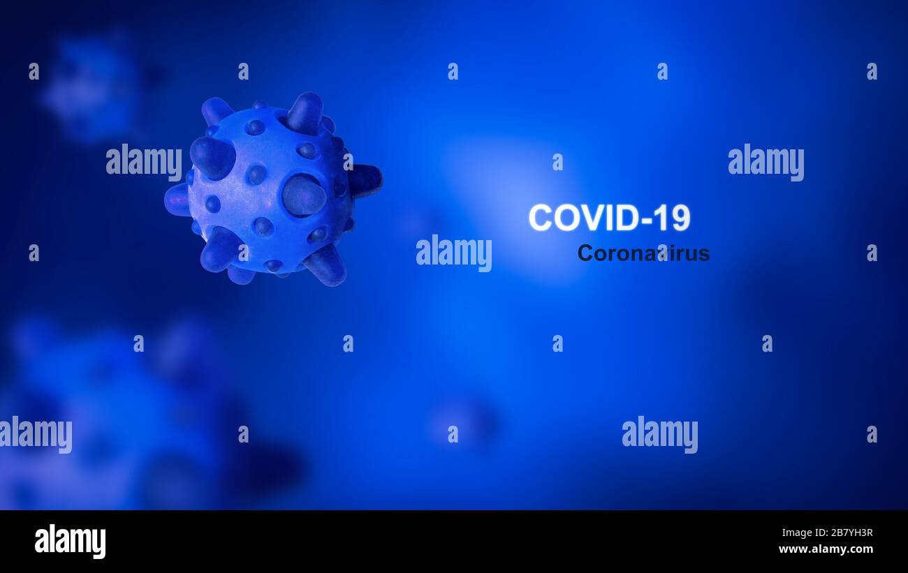 COVID-19 concetto di coronavirus, illustrazione 3d. Tema della malattia COVID su sfondo blu. Nuova epidemia globale del virus corona SARS-cov-2. Banner con COVID1 Foto Stock