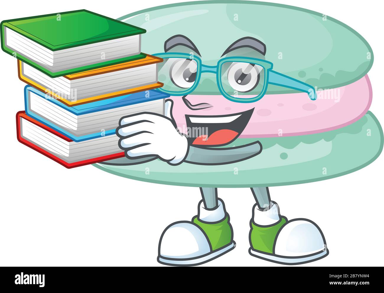 Un duro-lavorando studente in blu vaniglia macarons cartoon design con libro Illustrazione Vettoriale