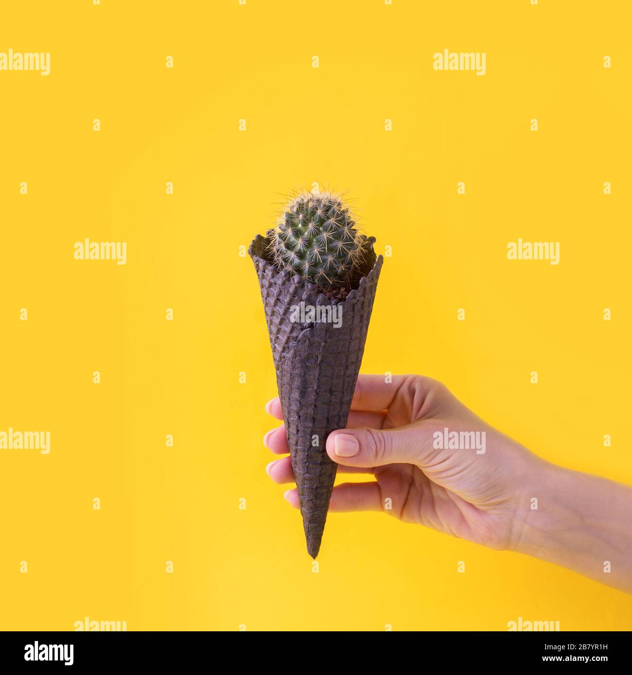 Collage d'arte contemporanea. Concept gelato Cactus su fondo giallo brillante. Banner stagione estiva minimal, spazio copia, depilate capelli rimuovere creativ Foto Stock