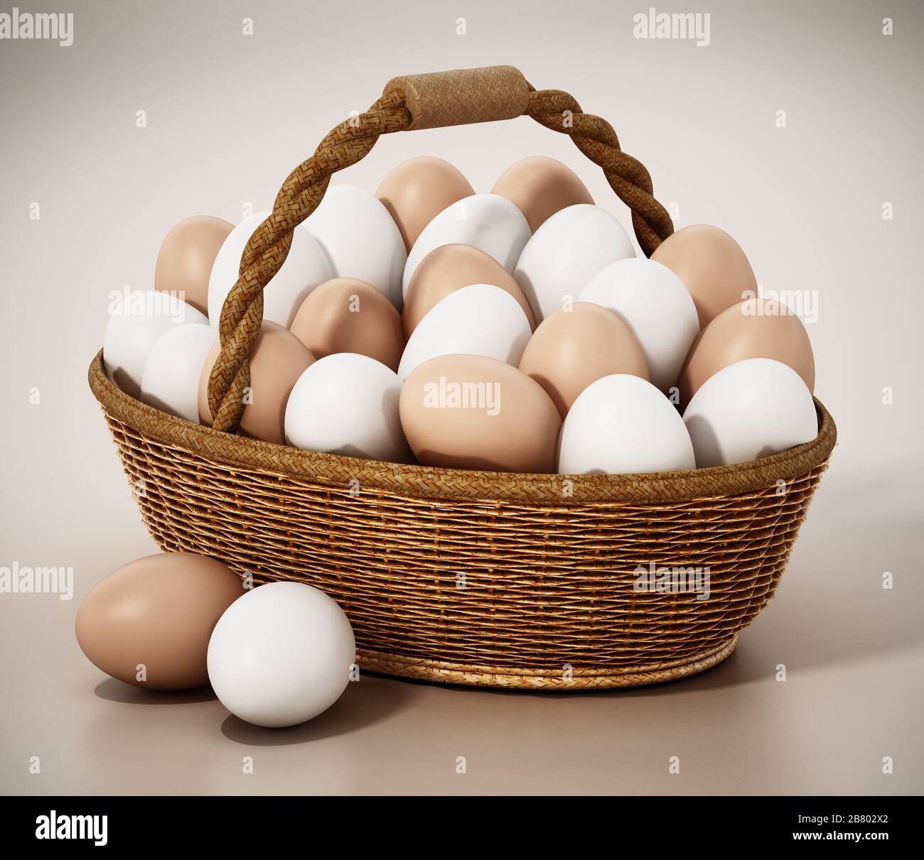 Cesto di uova pieno di uova bianche e gialle. Illustrazione 3D. Foto Stock