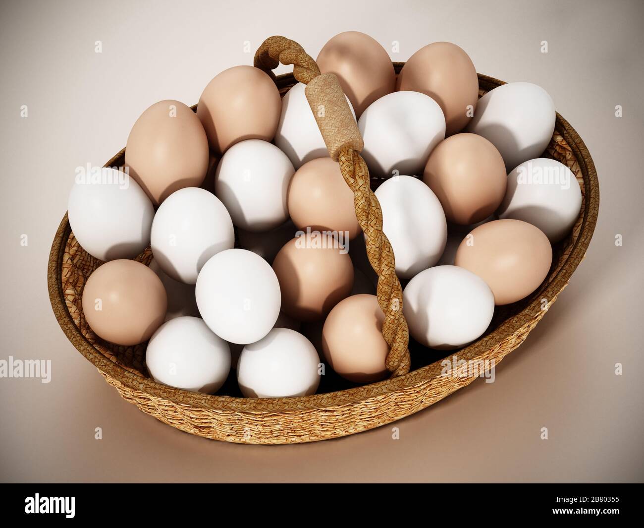 Cesto di uova pieno di uova bianche e gialle. Illustrazione 3D. Foto Stock