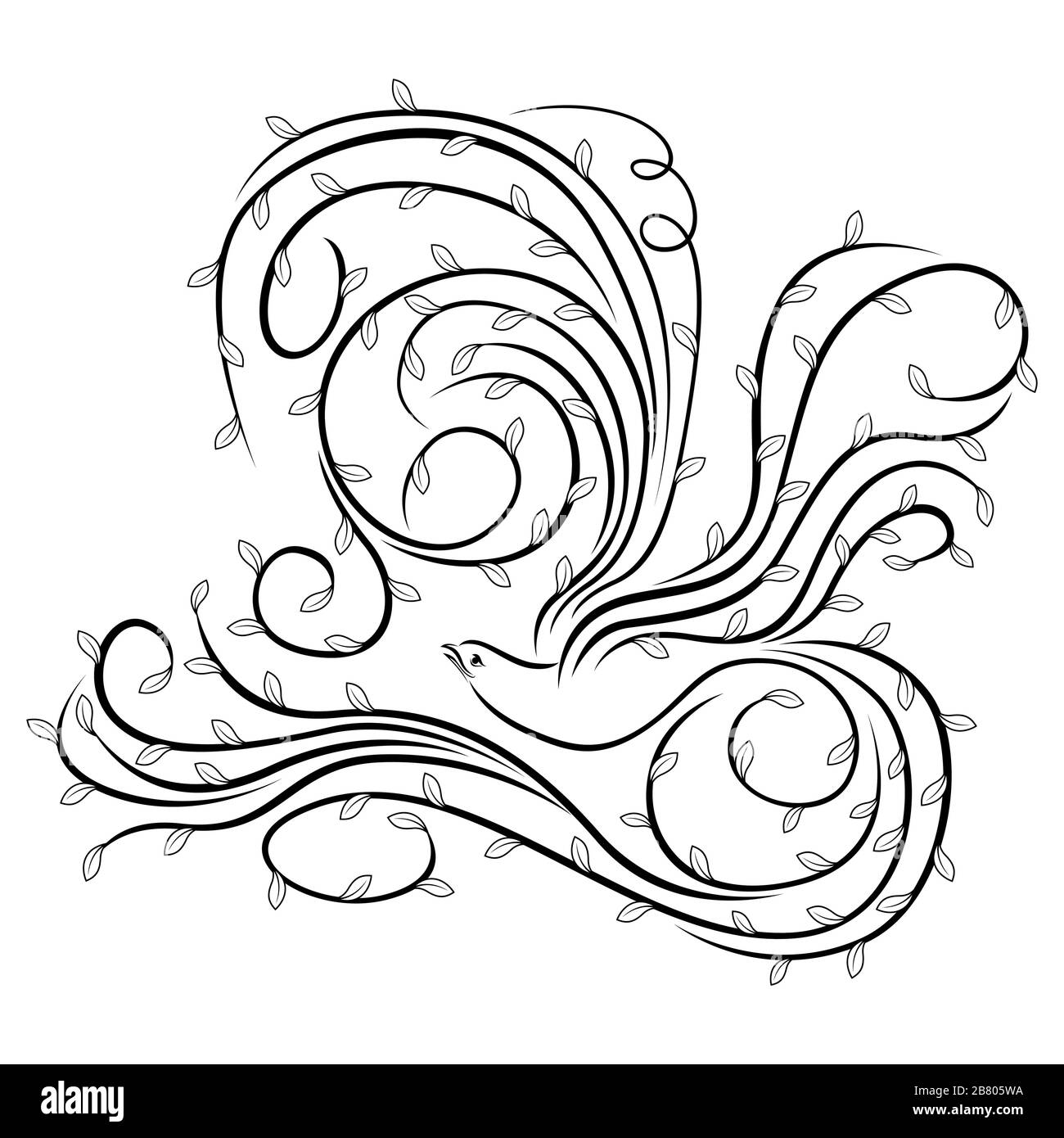 Astratto uccello bello le cui ali e coda sono fatte come lunghe linee ondulate con foglie, contorno nero isolato sullo sfondo bianco Illustrazione Vettoriale