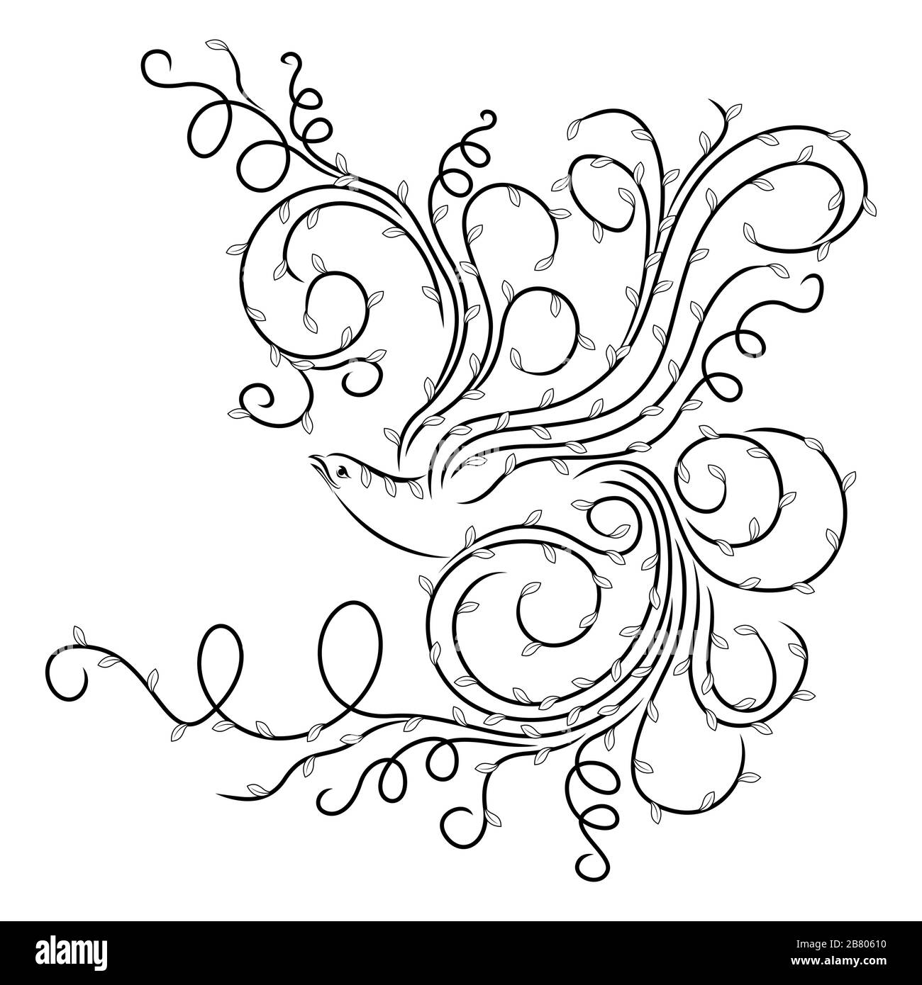 Contorno nero di uccello astratto le cui ali e coda con foglie, illustrazione isolata su sfondo bianco Illustrazione Vettoriale