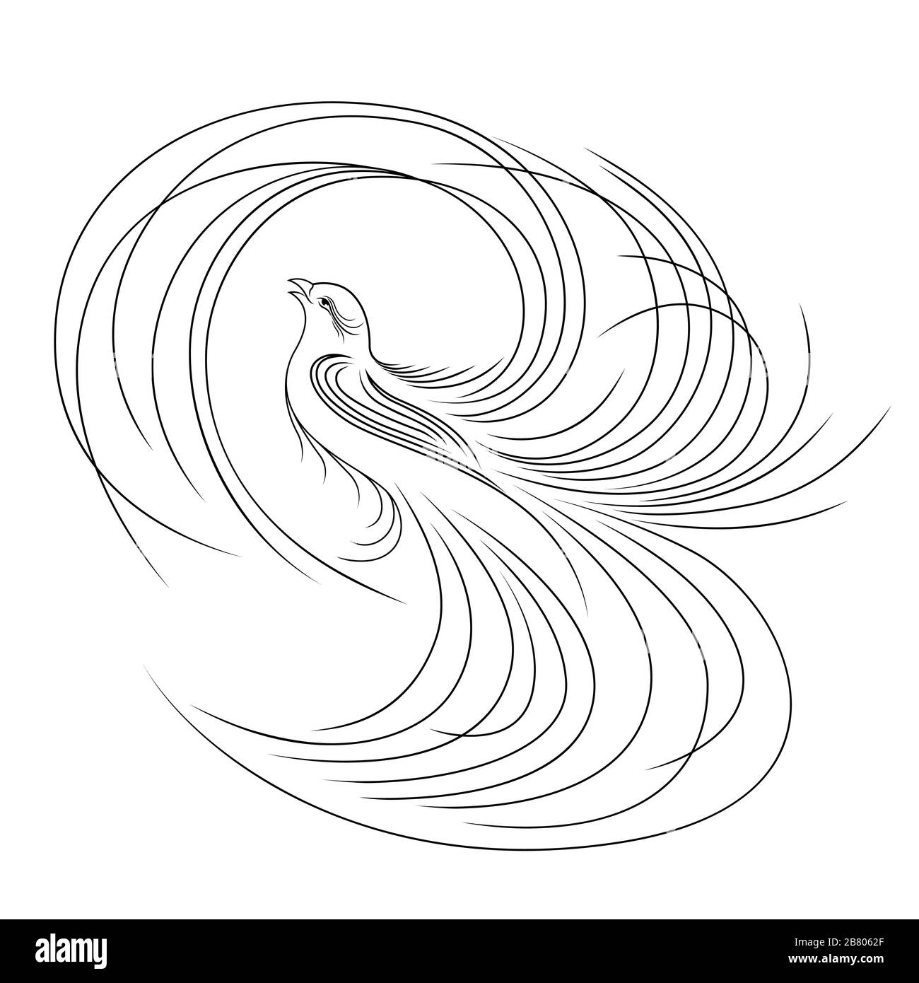 Contorno nero di adorabile uccello astratto le cui ali e coda sono fatte come lunghe linee ondulate, isolate sullo sfondo bianco Illustrazione Vettoriale