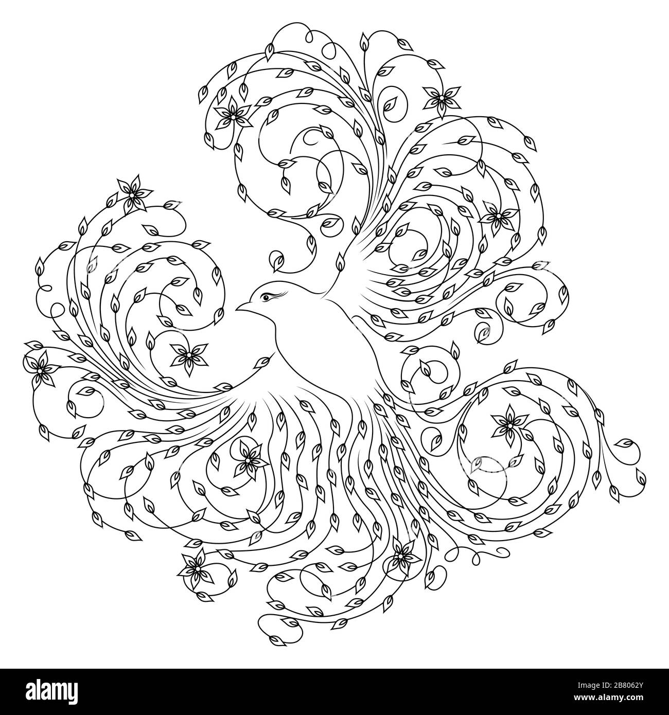 Contorno nero di uccello le cui ali e coda con elementi floreali, illustrazione isolata su sfondo bianco Illustrazione Vettoriale