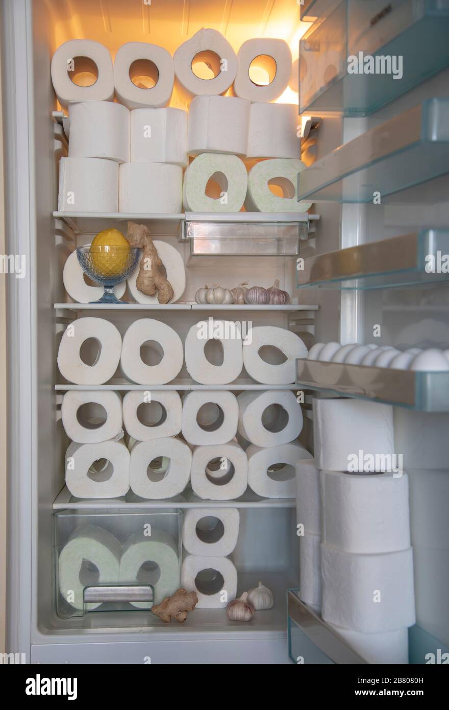 Una fornitura di carta igienica , conservata in frigorifero con aglio, limone e zenzero. Una foto divertente. Foto Stock
