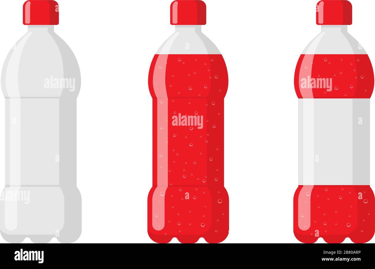 Set di flaconi di plastica vuoto con bevanda e etichetta rossa. Bevanda gassata con bolle nell'illustrazione del vettore isolato piatto tara Illustrazione Vettoriale
