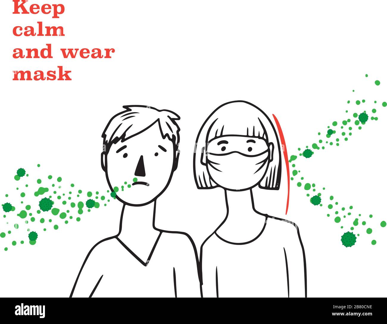 Segno mantenere la calma e indossare maschera attenzione coronavirus 2019-nC0V focolaio. Interrompere la pandemia del microbo COVID-19. Il virus attacca le vie respiratorie, infezioni medico rischio per la salute. Stile cartoon piatto Illustrazione Vettoriale
