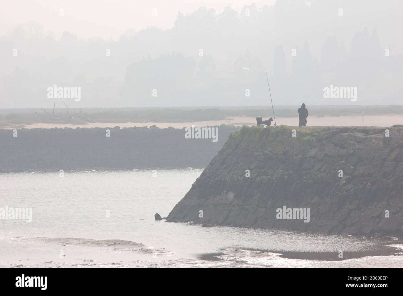 Silhouette di un uomo che pesca e cane su una diga muro in nebbia. Diga del fiume Villaviciosa Foto Stock