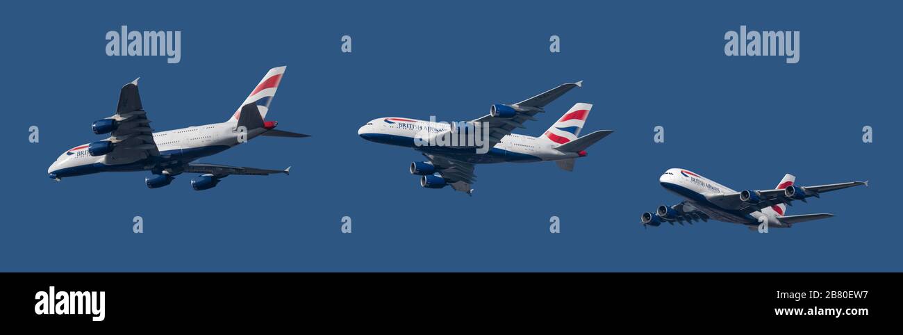 Sequenza di immagini composite della British Airways Airbus A380 G-XLEJ in avvicinamento all'aeroporto di Londra Heathrow nel marzo 2020 contro il cielo blu Foto Stock