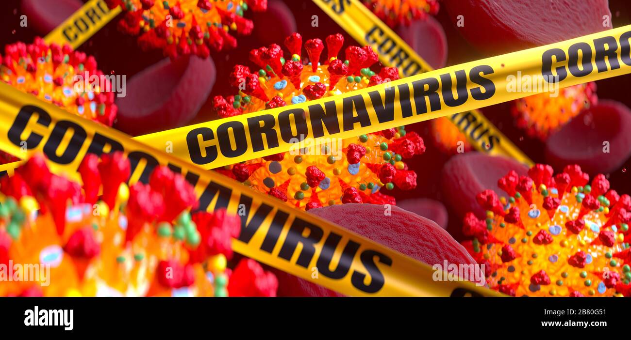 Coronavirus COVID-19 influenza sotto il microscopio. Focolaio di influenza e coronavirus concetto di minaccia di influenza. Cellule ematiche e virus con rendering 3d Danger Tape. Foto Stock