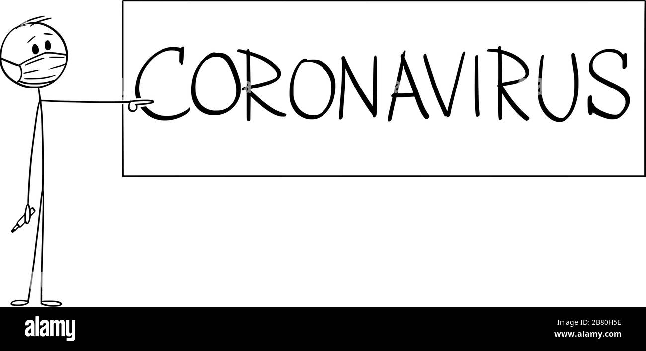 Cartoni animati vettoriali disegno illustrazione concettuale di uomo o insegnante che punta al testo coronavirus scritto su cartello o lavagna. Covid-19 o concetto di salute epidemica. Illustrazione Vettoriale