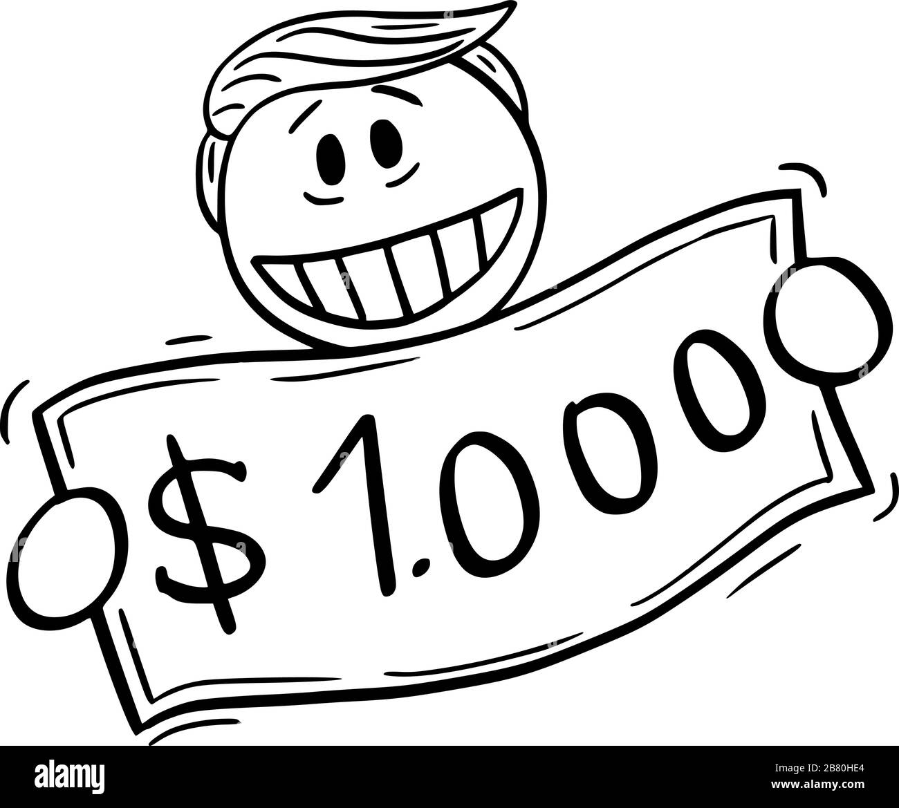 Illustrazione vettoriale del presidente americano Donald Trump che detiene una legge da mille dollari, utilizzando denaro in elicottero o quantitative easing durante la recessione.Marzo 19,2020. Illustrazione Vettoriale