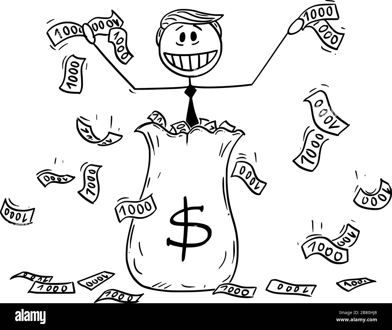 Illustrazione vettoriale del presidente americano Donald Trump che ha buttato via denaro, utilizzando denaro in elicottero o quantitative easing durante la recessione.Marzo 19,2020. Illustrazione Vettoriale