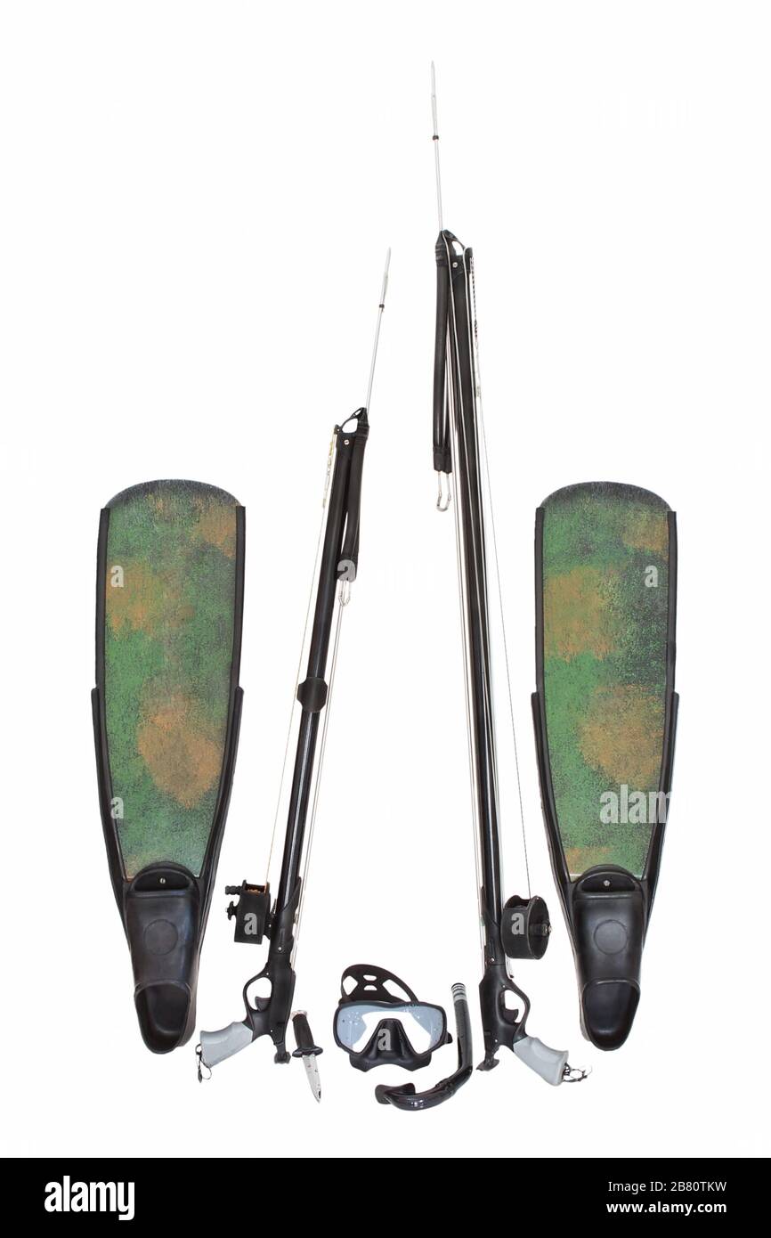 Un set di attrezzature per la pesca subacquea e le immersioni subacquee. Foto Stock