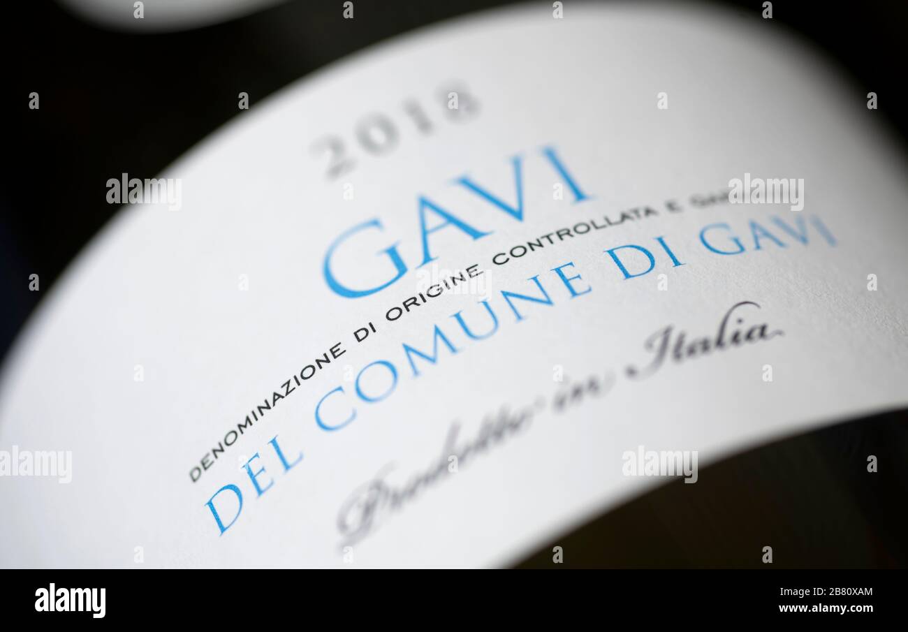 Primo piano dell'etichetta Gavi Italian White Wine Bottle Foto Stock