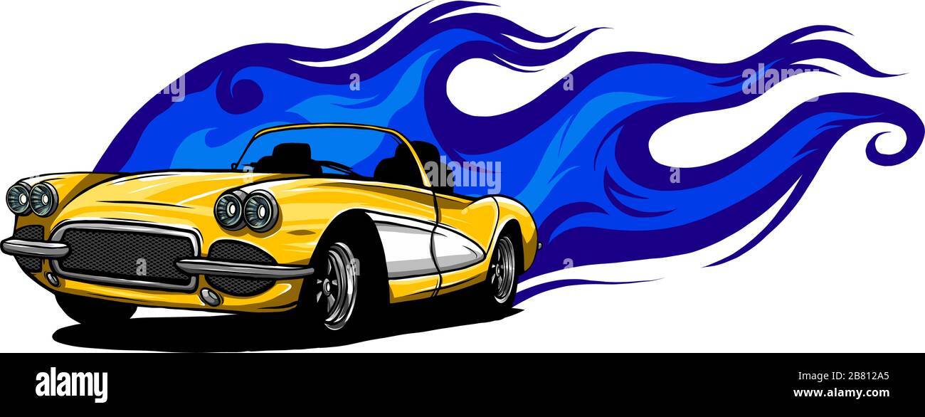 Muscolo auto vecchio 70s illustrazione vettoriale con fiamme Illustrazione Vettoriale