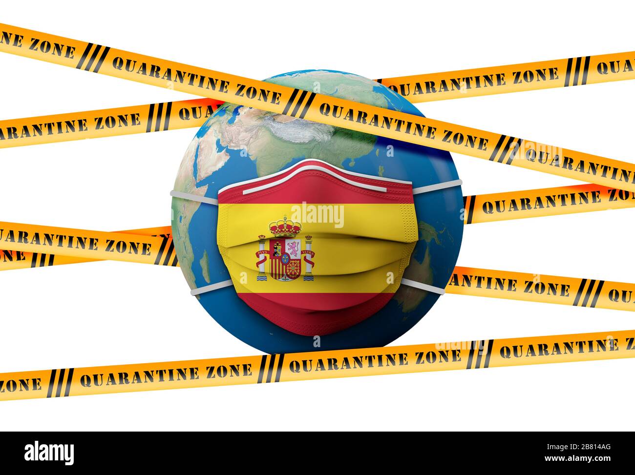 Spagna bandiera zona di quarantena maschera medica protettiva. Rendering 3D Foto Stock