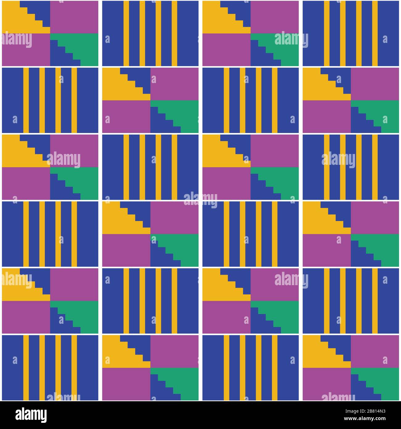 African Geometric Kente stile tessuto vettoriale senza cuciture, tessuti modello, tribal nwentoma disegno in giallo, viola e blu marino Illustrazione Vettoriale