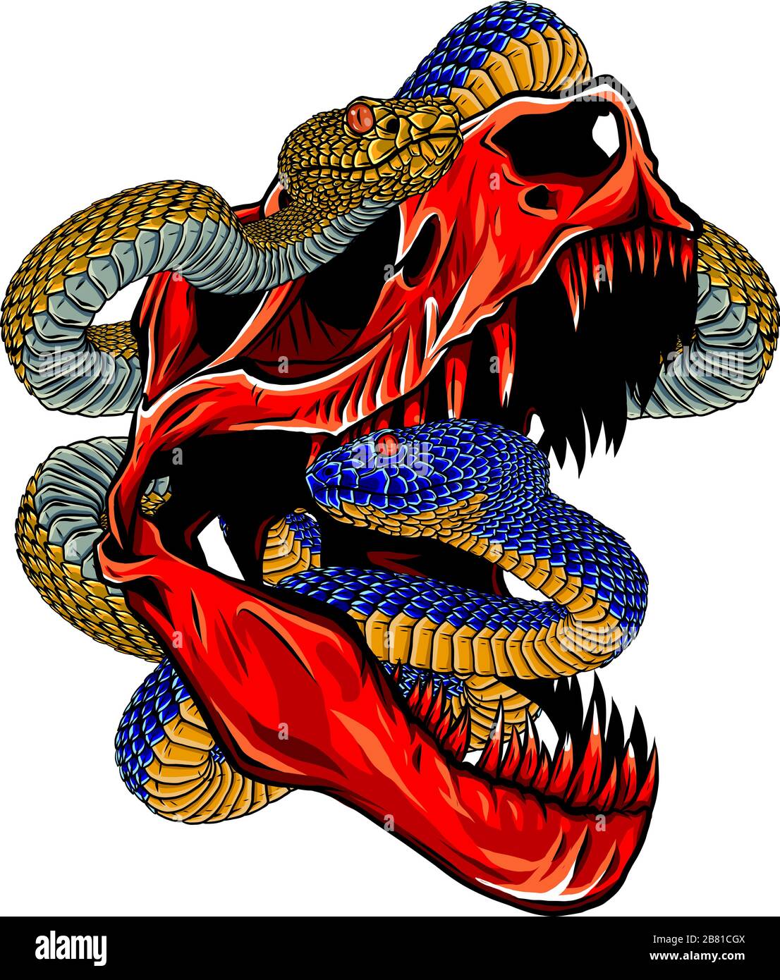 Cranio Di Dinosauro. Disegno del cranio T-Rex con serpente Illustrazione Vettoriale