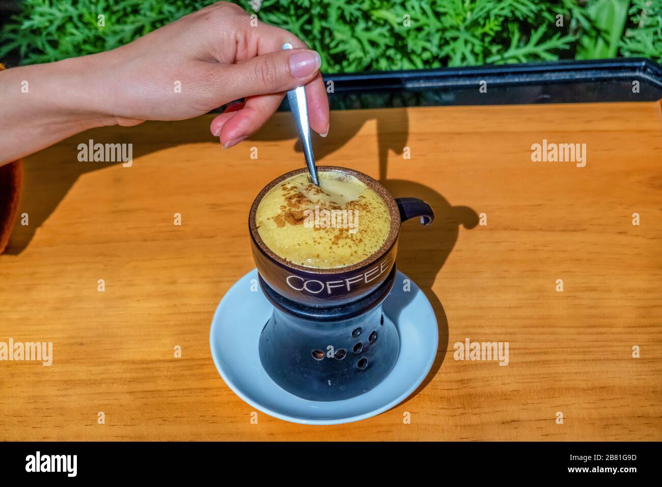 Vista dall'alto una tazza di caffè Egg su legno background.Famous caffè tradizionale vietnamita a ha noi, Vietnam. Le uova vengono sbattute con caffè, bevanda calda o wi-fi Foto Stock