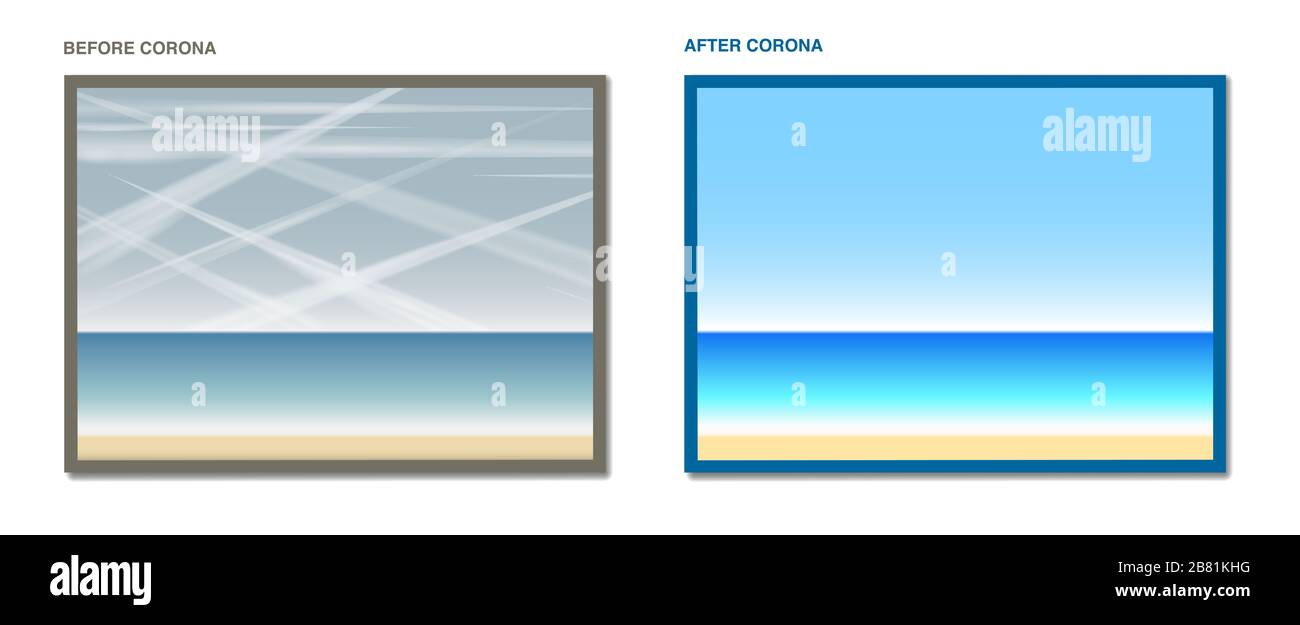 Prima del coronavirus e dopo il coronavirus. Inquinamento atmosferico causato dai contrasti degli aerei - vista oceano con molti sentieri di condensazione nel cielo. Foto Stock
