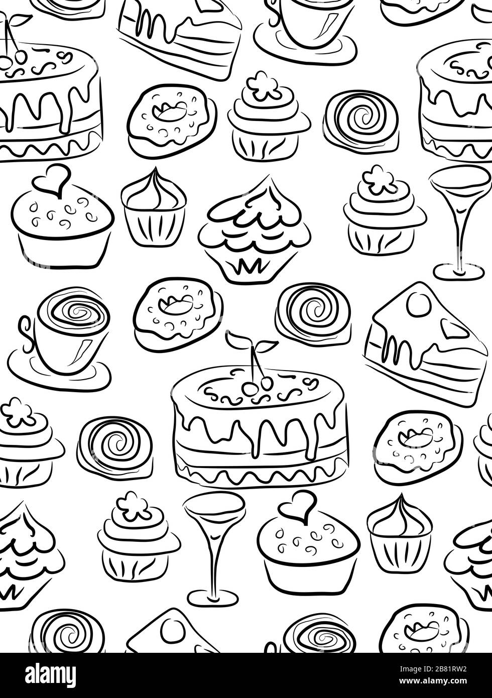 Disegni di dolci e caramelle disegnati a mano. Doodles. Cibo isolato su sfondo bianco. Texture perfetta. Illustrazione Vettoriale