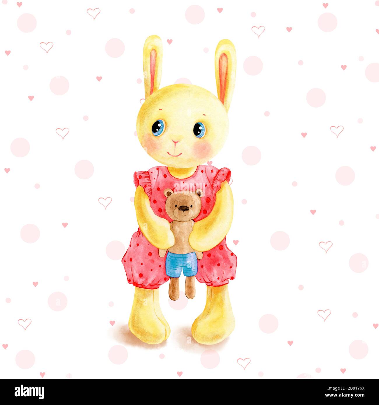 Giocattolo morbido coniglio neonato in abito rosso e con un orso. Illustrazione dipinta a mano in acquerello. Foto per la stampa su tessuto, per l'uso nel design, f Foto Stock