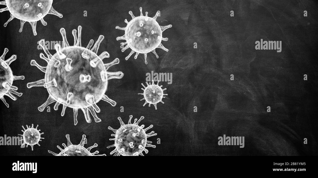 Illustrazione, disegnare sulla lavagna una vista del virus Corona sotto microscopio, virus e produzione di vaccino. Il virus Corona è in uscita Foto Stock