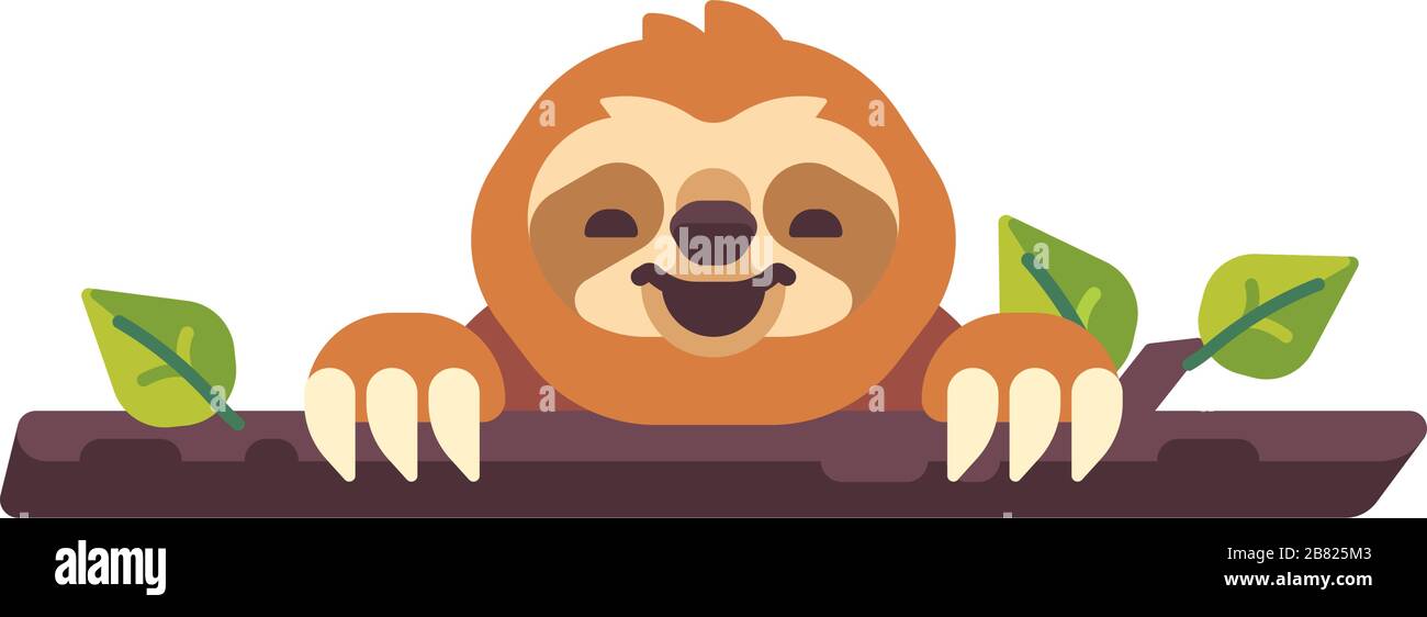 Cute Sloth ridendo su un albero ramo di illustrazione piatta Illustrazione Vettoriale