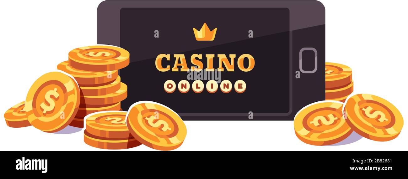 Smartphone con monete d'oro. Concetto di app per casinò online Illustrazione Vettoriale