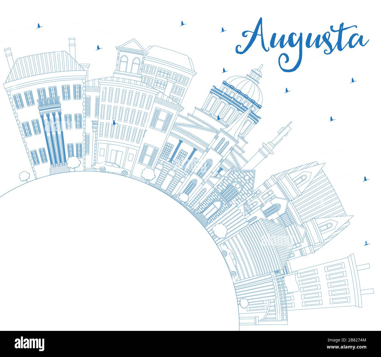 Delineate lo skyline di Augusta Maine City con edifici blu e spazio per fotocopie. Illustrazione vettoriale. Illustrazione Vettoriale