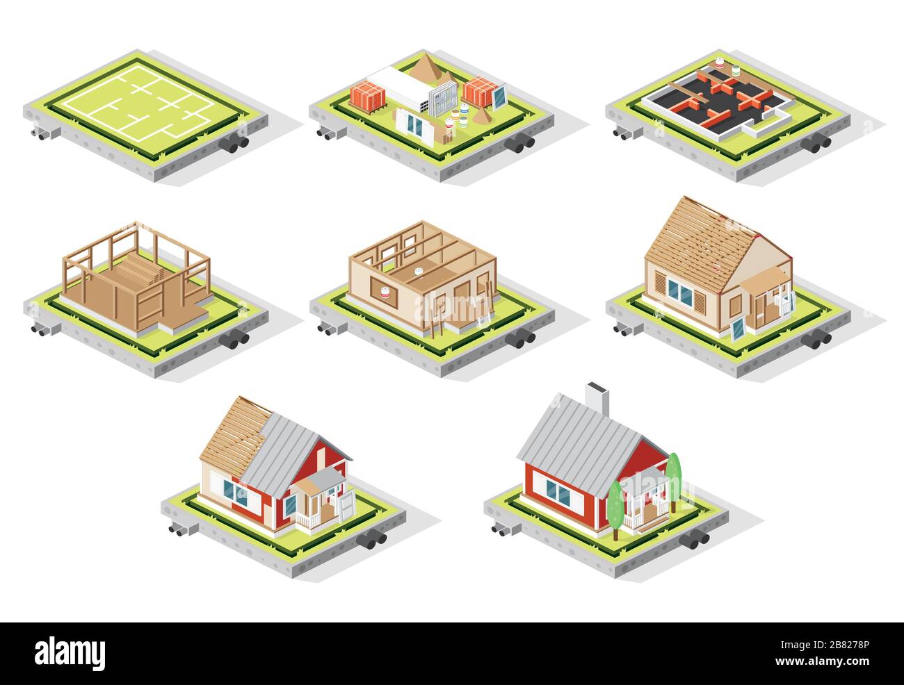 Fasi di costruzione isometrica della casa isolate su bianco. Illustrazione  vettoriale. Fasi dalla pianificazione alla costruzione finita Immagine e  Vettoriale - Alamy